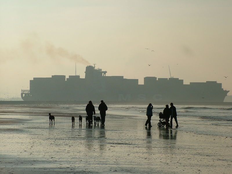 Een containerschip vanaf strand bij Hoek van Holland